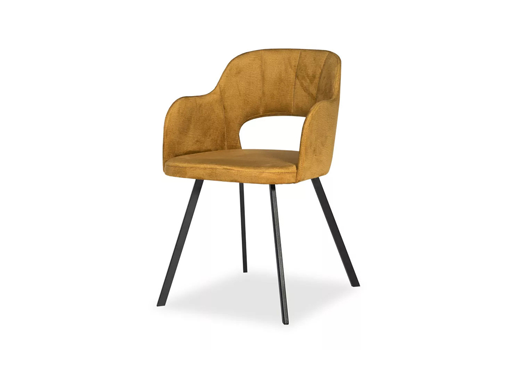 Designová čalouněná židle hořčicové barvy s černými kovovými nohami