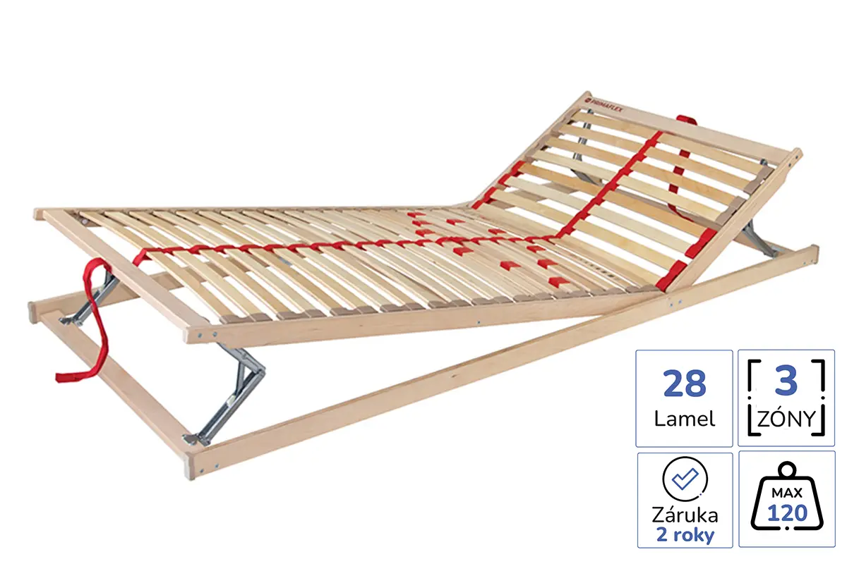 Polohovaci lamelovy rost Primaflex HN s rucnim nastavenim hlavove a nozni casti, 28 lamel ve 3 zonach, centralni pasek, nosnost 120 kg, drevena konstrukce, zaruka 2 roky