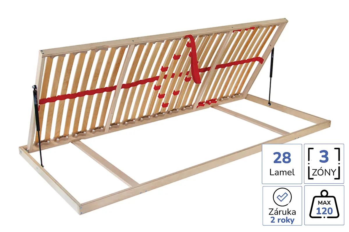 Vyklopny lamelovy rost Primaflex Kombi P s bocnim vyklopem, 28 lamelami, 3 zony tuhosti a nosnosti 120 kg, centralni pasek a pistovy mechanismus, drevene provedeni